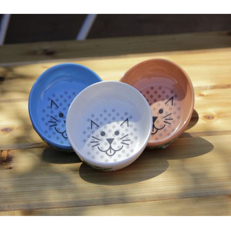 Van Ness Ecoware Cat dish or bowls are available in pacific blue, cream white and pink colors with enameled cat face design. 