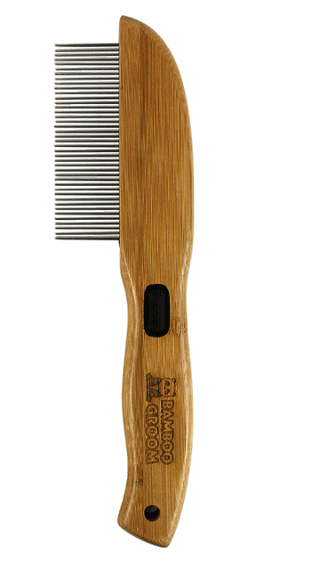 Bamboo Groom Flea Comb with 77 Rotating Pins designed to lift & separate all types of fur & coats.