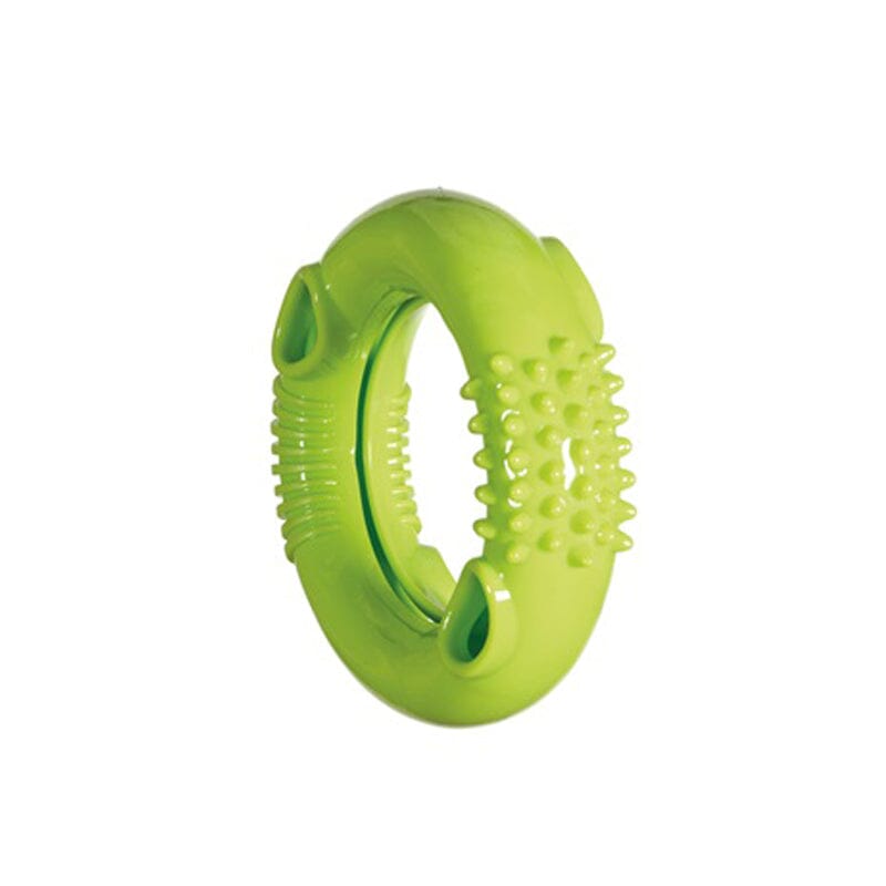 To use Chase 'N Chomp Foraging Ring Dog Toy as treat dispenser insert treats into oval holes / into slot on interior of ring.