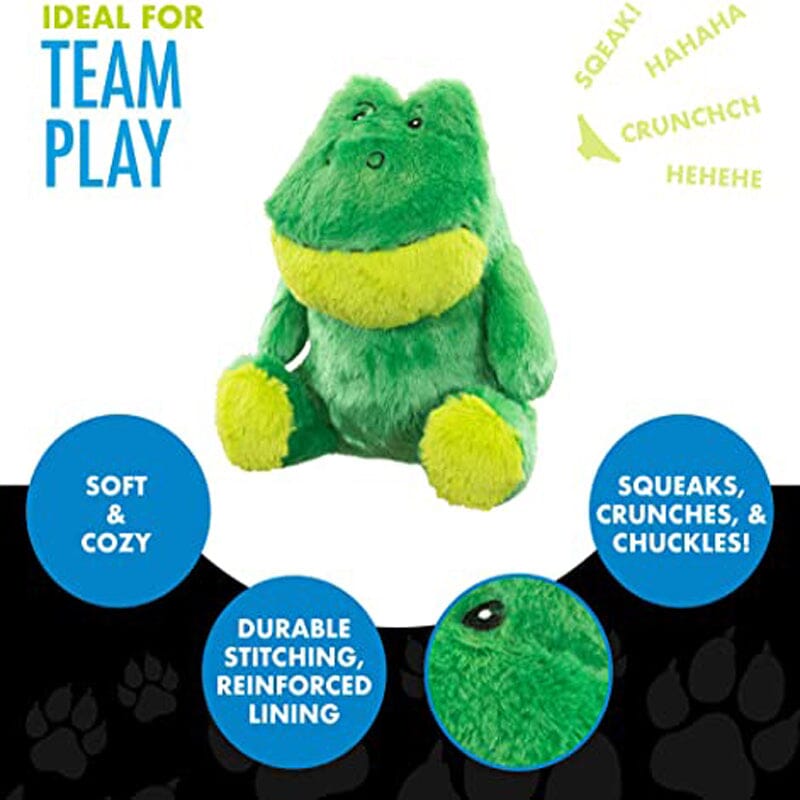 Hero Chuckles Frog Dog Toy makes symphony sounds like crunch, squeak even chuckle, which will engage your dog in active play.