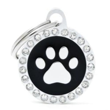 Shop online Glam Swarovski Chrome Circle Paw Pet ID Tags for your dog cat collars at PawsnCollars.com.