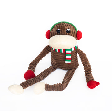 Holiday Monkey Plush Squeaky Crinkle Dog Toy
