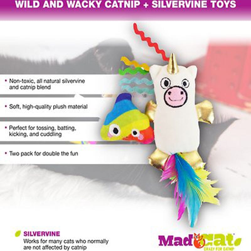 Friendly mad cat unicorn character & rainbow unicorn poop toy filled with silvervine & catnip to entice your cat to play. 