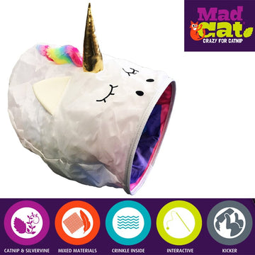 Wild, wacky Mad Cat Unicorn Crinkle Play Sack Catnip & Silvervine Toy sure to drive cats crazy! Great for active cats.