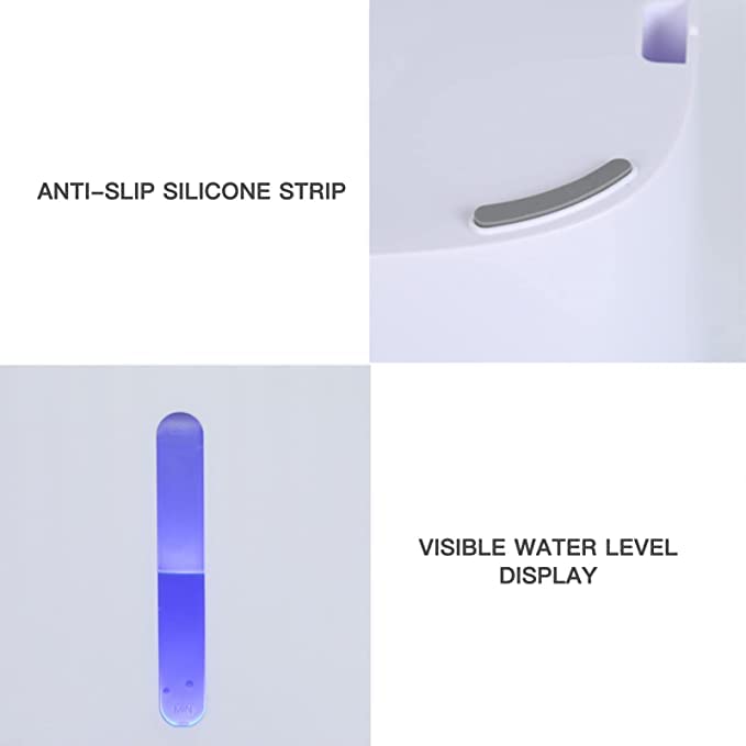 Product features including an anti-slip silicone strip and visible water level display on a white background.