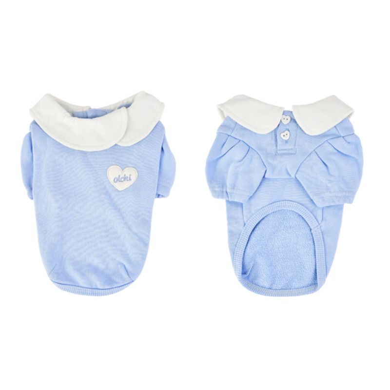 Two blue pet outfits with white collars for small dogs