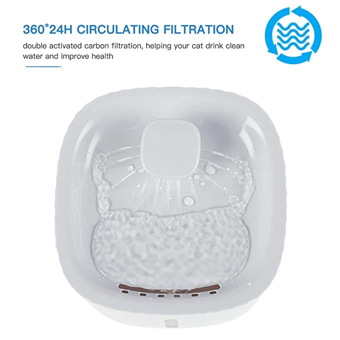 White pet water fountain with text about 360-degree circulating filtration on a white background