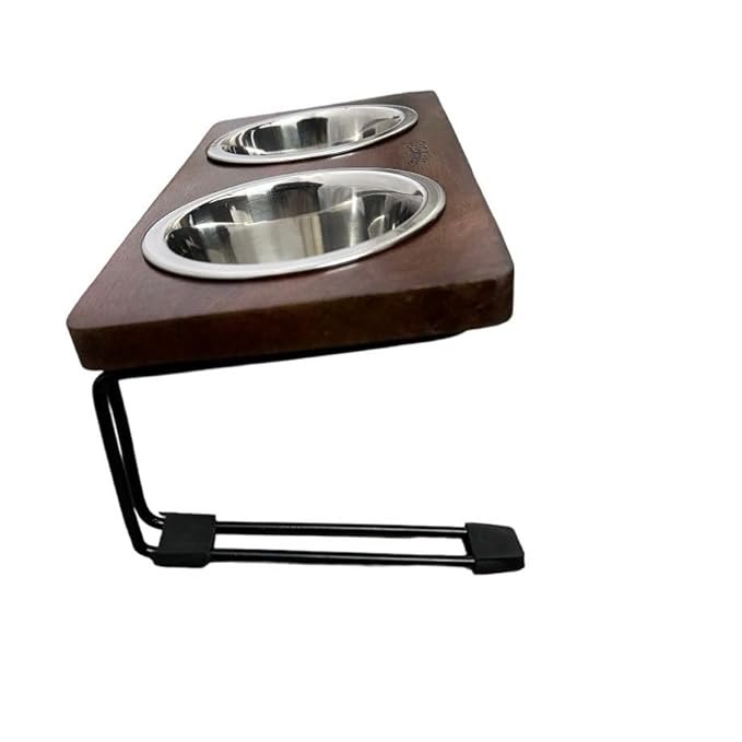 Wooden pet feeder with two stainless steel bowls on a white background
