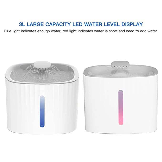 Two white pet water bowls with LED water level indicators on a white background.