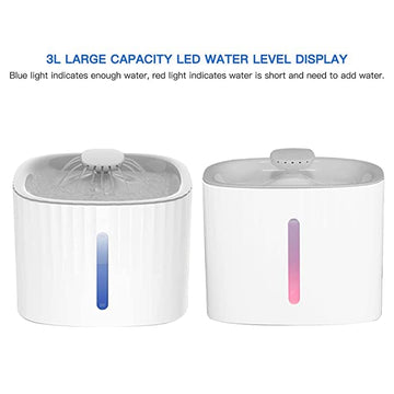 Two white pet water bowls with LED water level indicators on a white background.