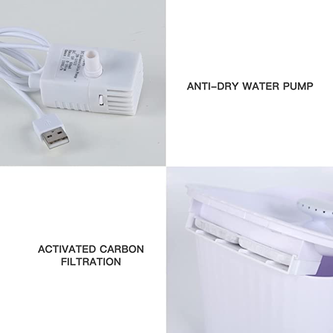 Anti-dry water pump with USB connection and activated carbon filtration system on a white background.