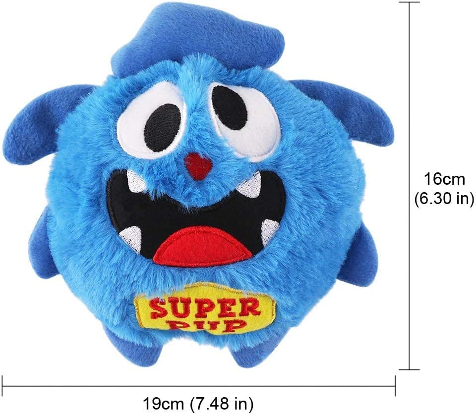 Blue plush toy and measurements on a white background