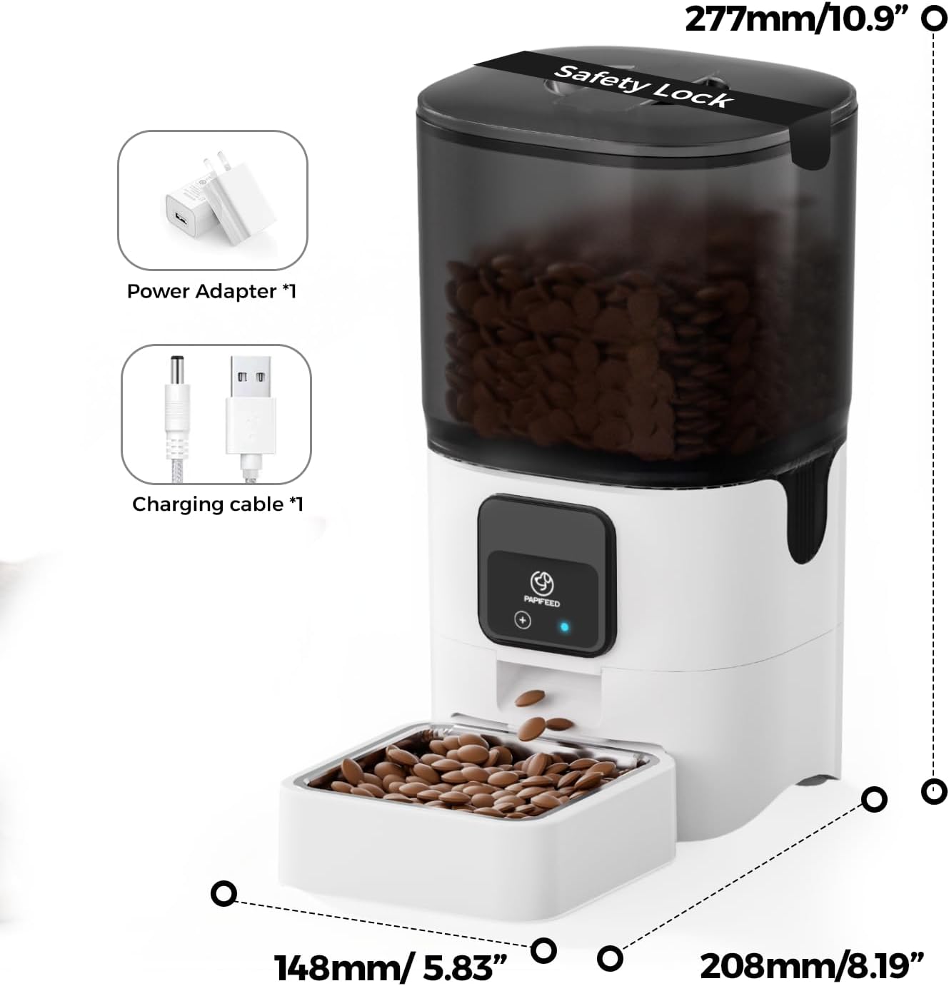 Pet food dispenser with measurements and included accessories on a white background