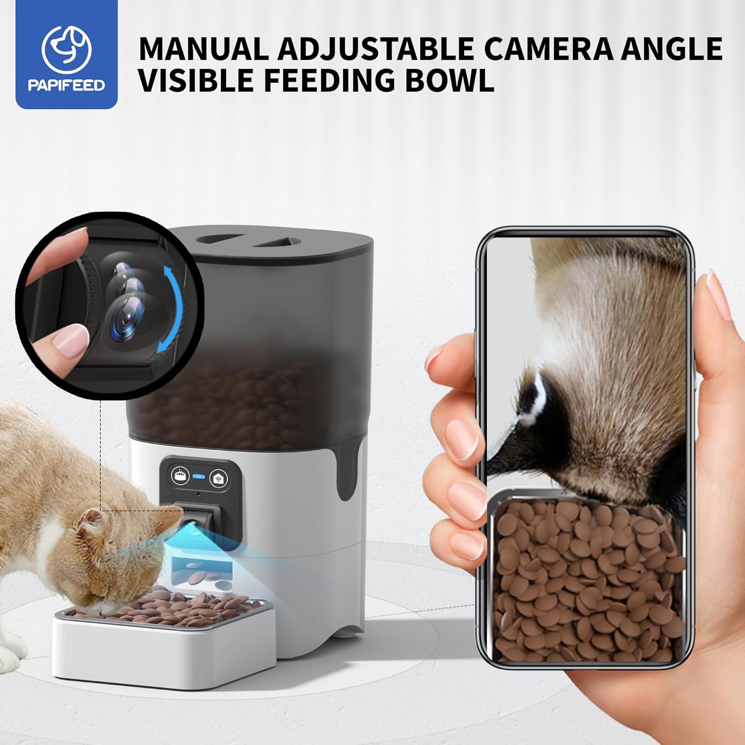 Pet feeder with camera and visible feeding bowl, shown with smartphone app interface.