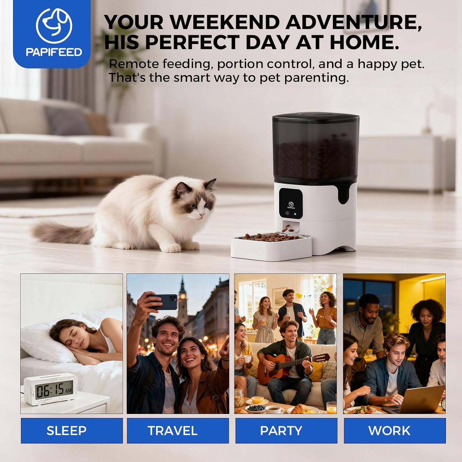 Cat sitting next to a pet feeder with lifestyle images and text about remote feeding.