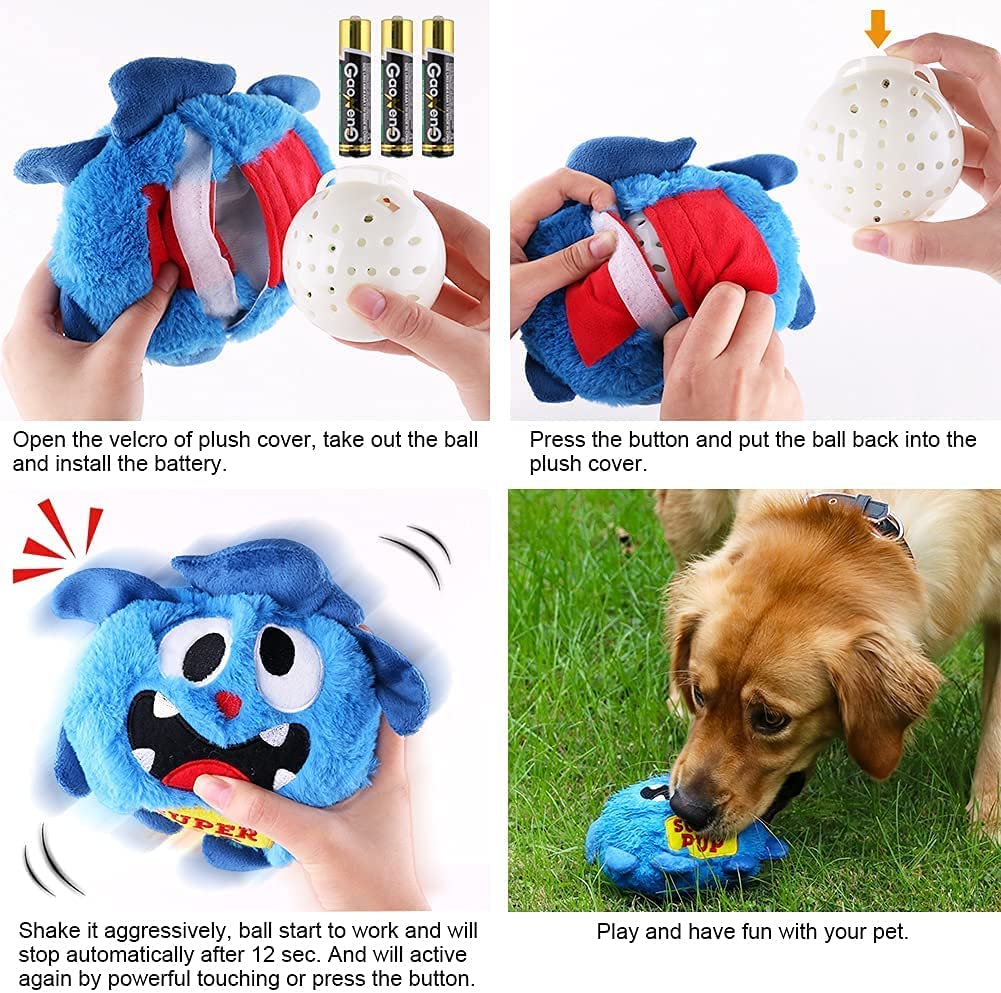 Instructions for using a plush dog toy with a ball inside, featuring text and images of hands interacting with the toy and a dog playing with it.