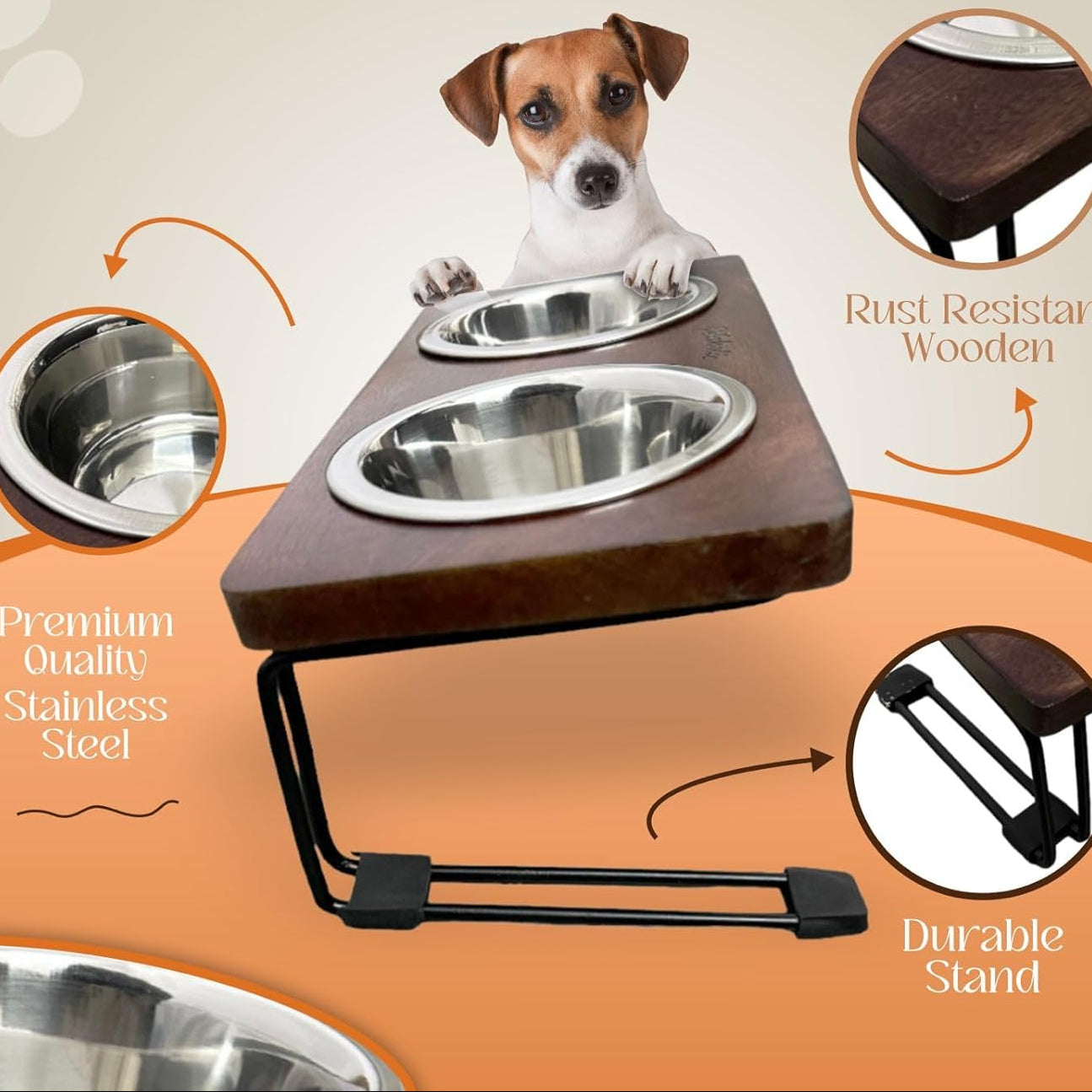 Dog bowl stand with stainless steel bowls and wooden base.