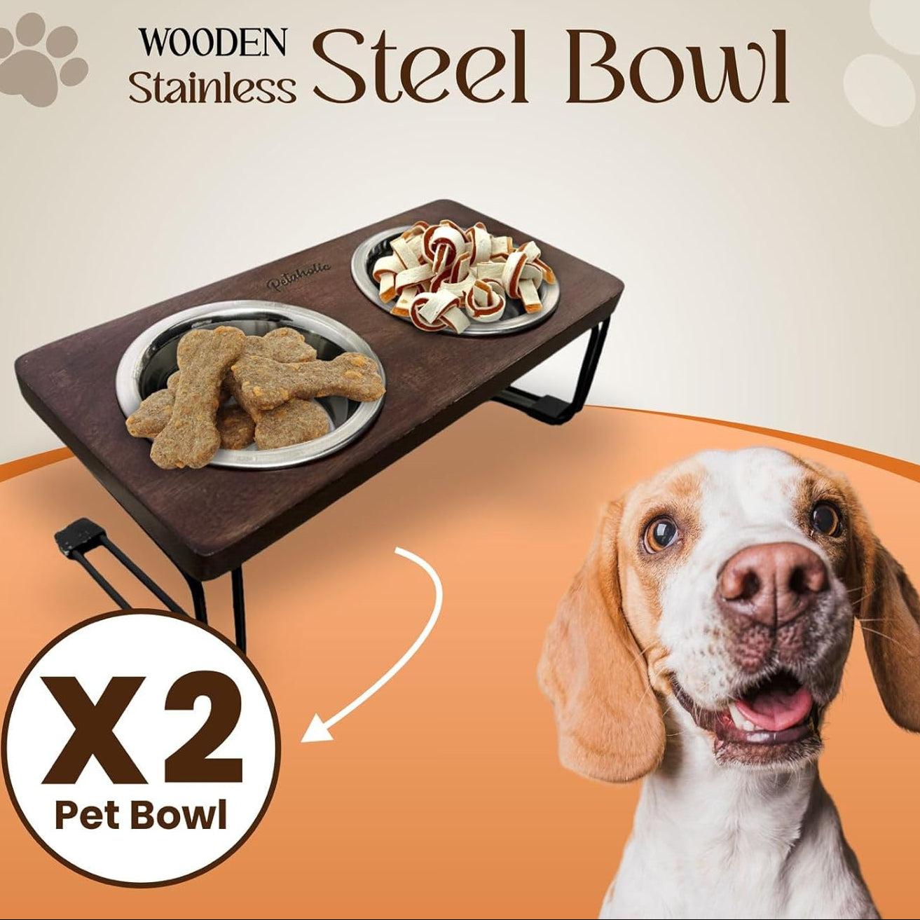 Pet wooden and stainless steel bowl set with a dog on an orange and beige background