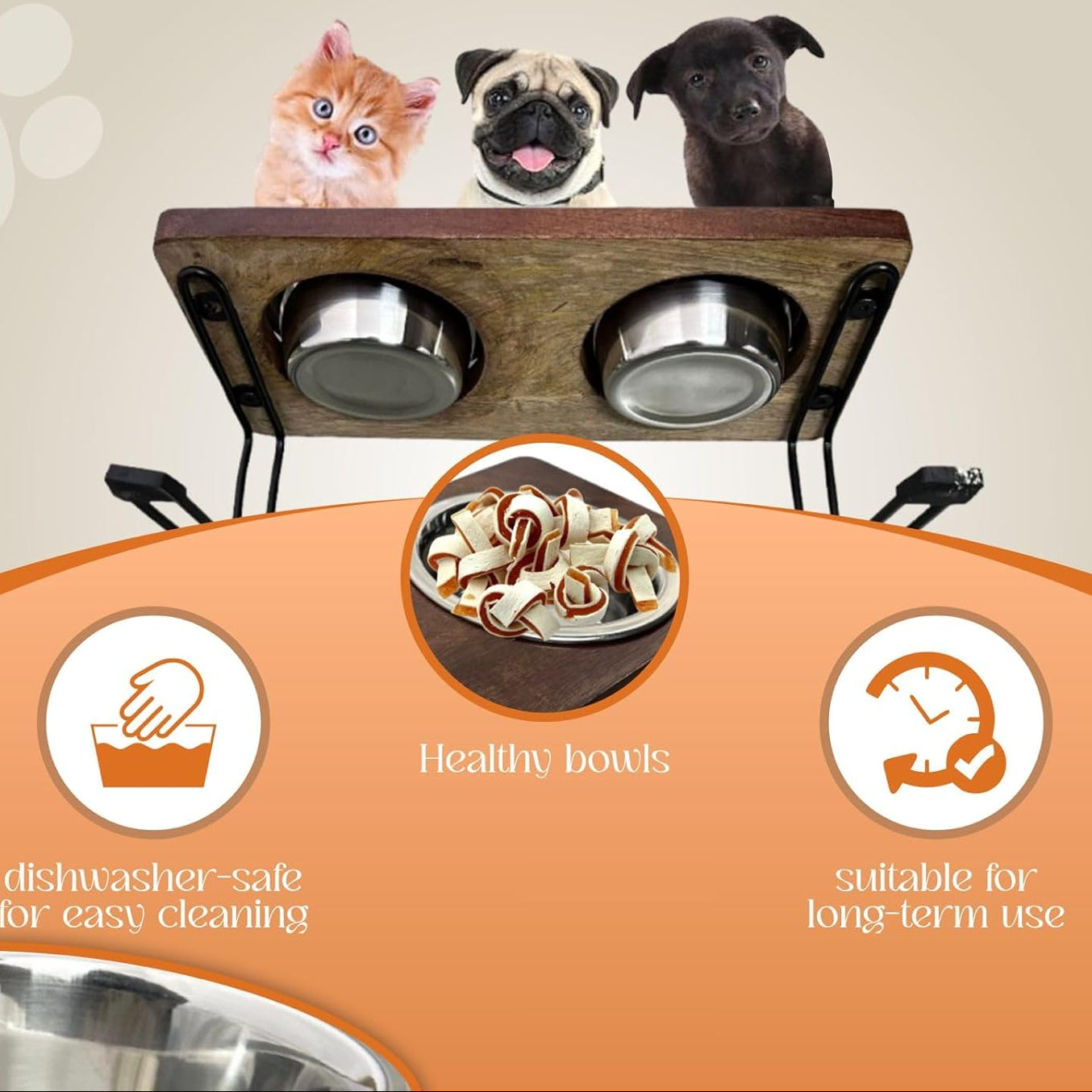 Pet feeding station with bowls and a wooden platform, featuring a cat and two dogs, on a light background.