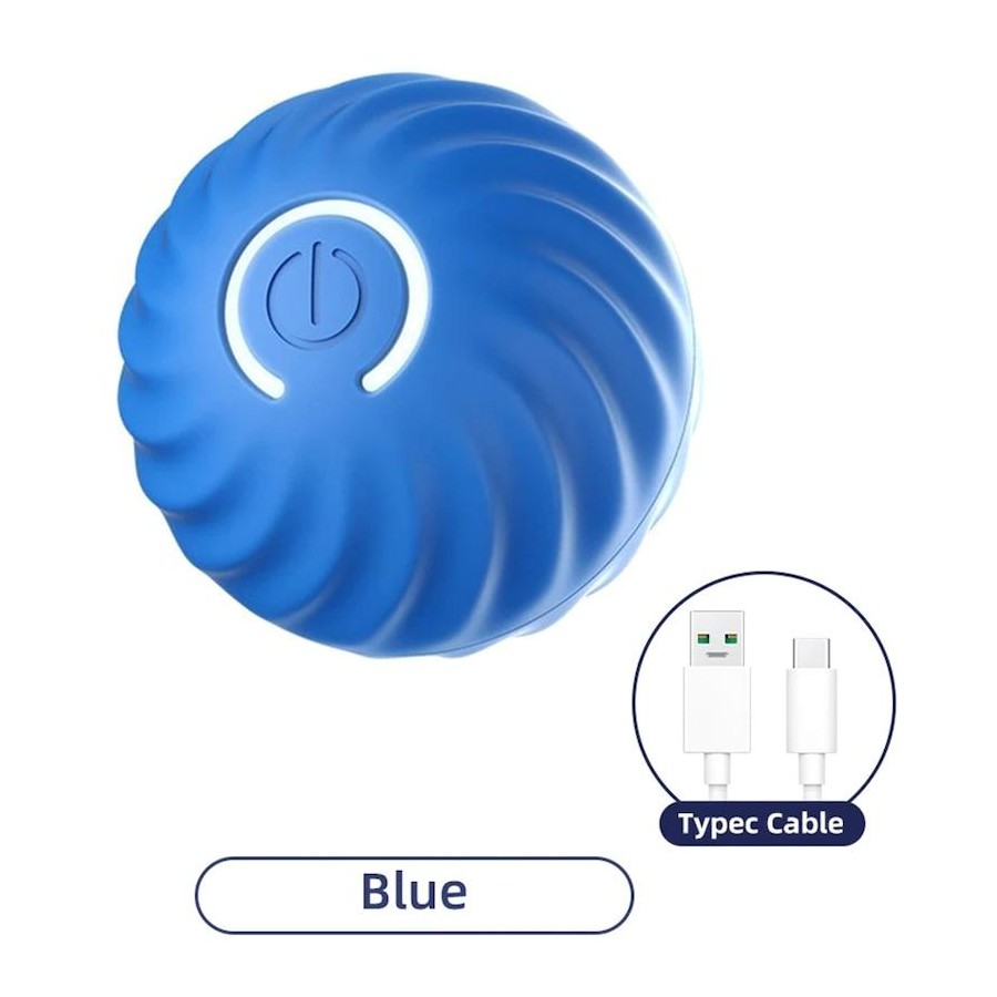 Blue dog toy with power symbol on a white background
