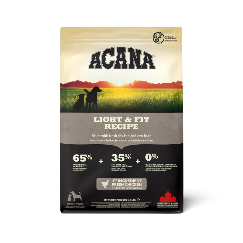 Acana Light & Fit Recipe dog food package with a scenic design on a white background