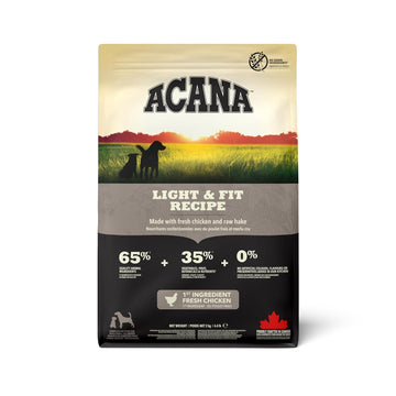 Acana Light & Fit Recipe dog food package with a scenic design on a white background