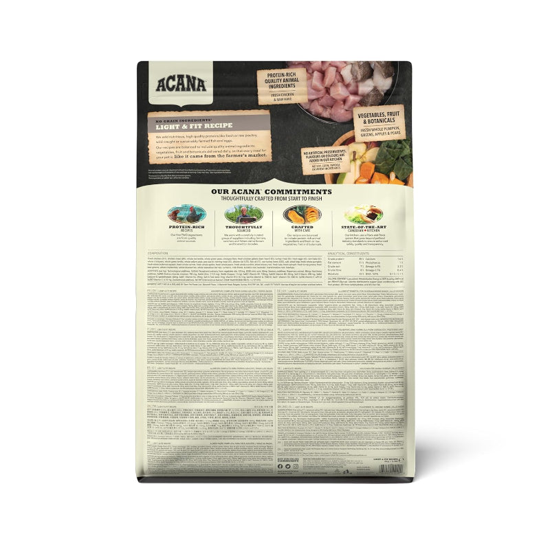 Acana pet food packaging with text and images on a white background
