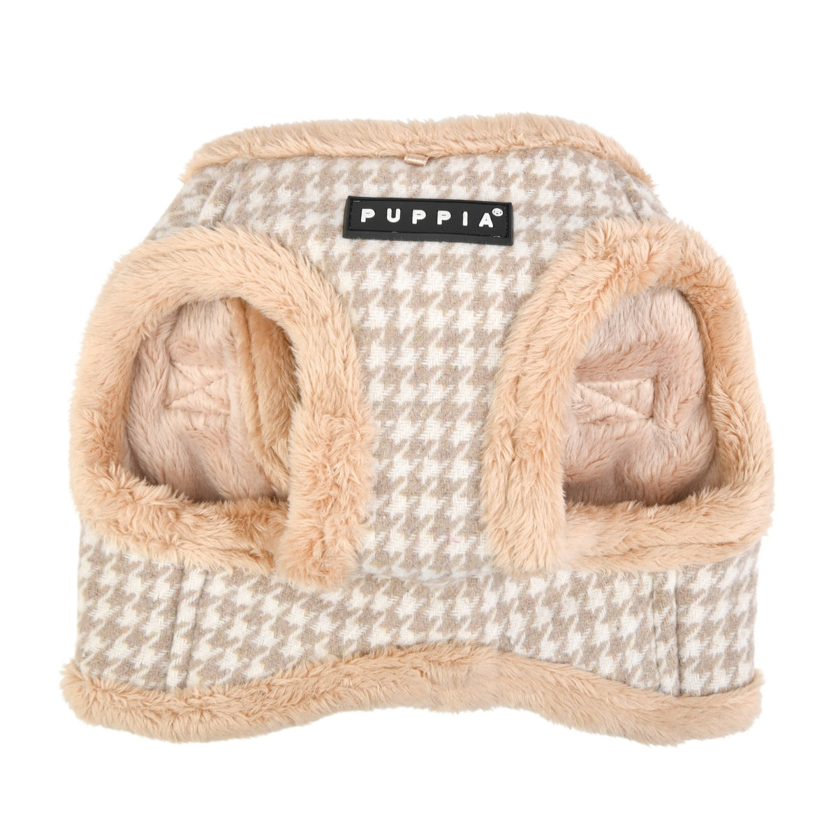 Pet bed with houndstooth pattern and plush edges, featuring the Puppia logo.