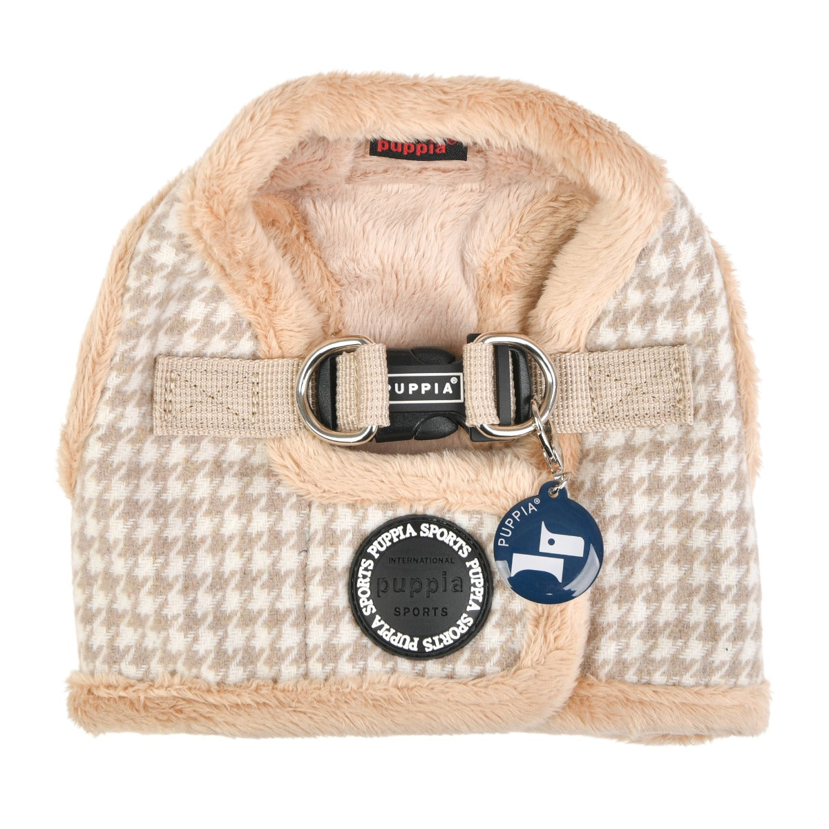 Dog harness with houndstooth pattern and plush lining, featuring Puppia branding.
