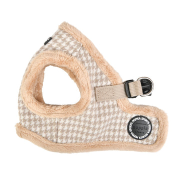Dog harness with checkered pattern and brand label on a white background