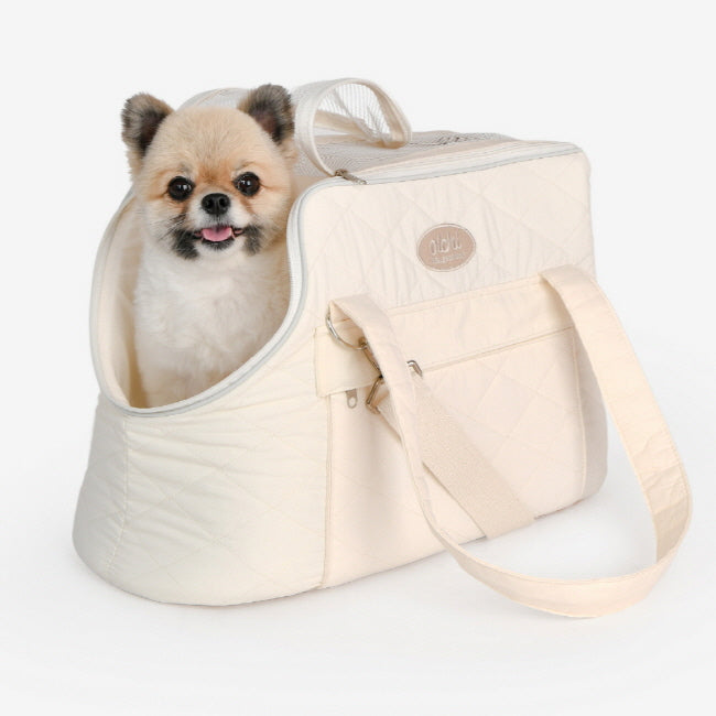 Small dog inside a beige pet carrier 