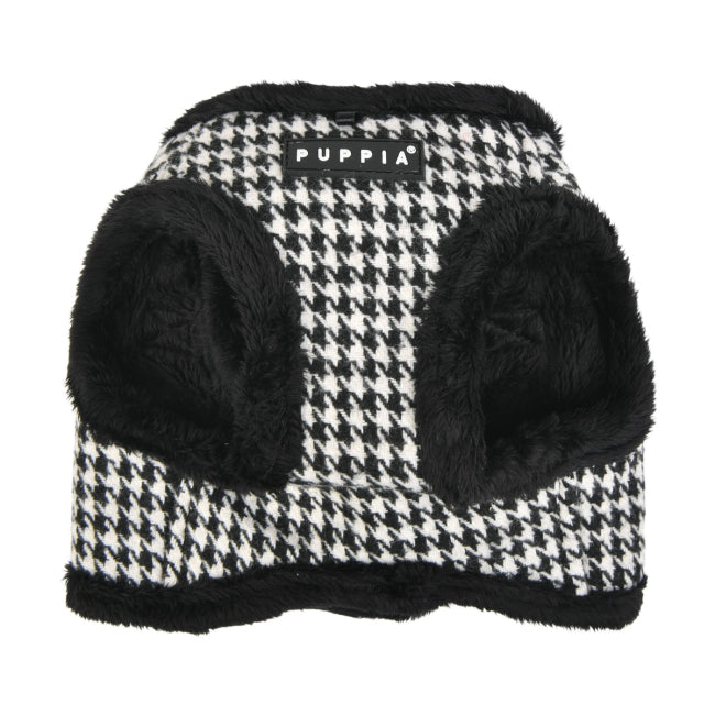 Houndstooth patterned pet coat with black fur trim 
