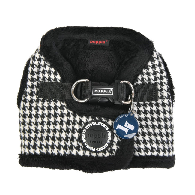 Houndstooth patterned dog harness with black interior and Puppia branding