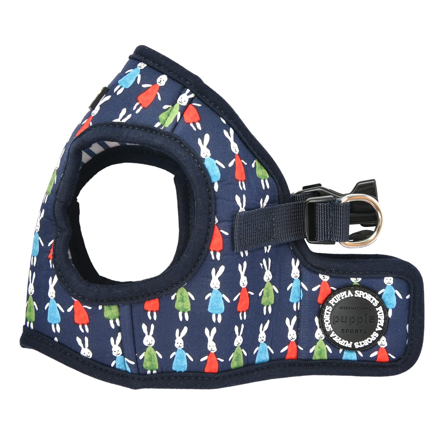 Navy blue dog harness with colorful rabbit pattern 