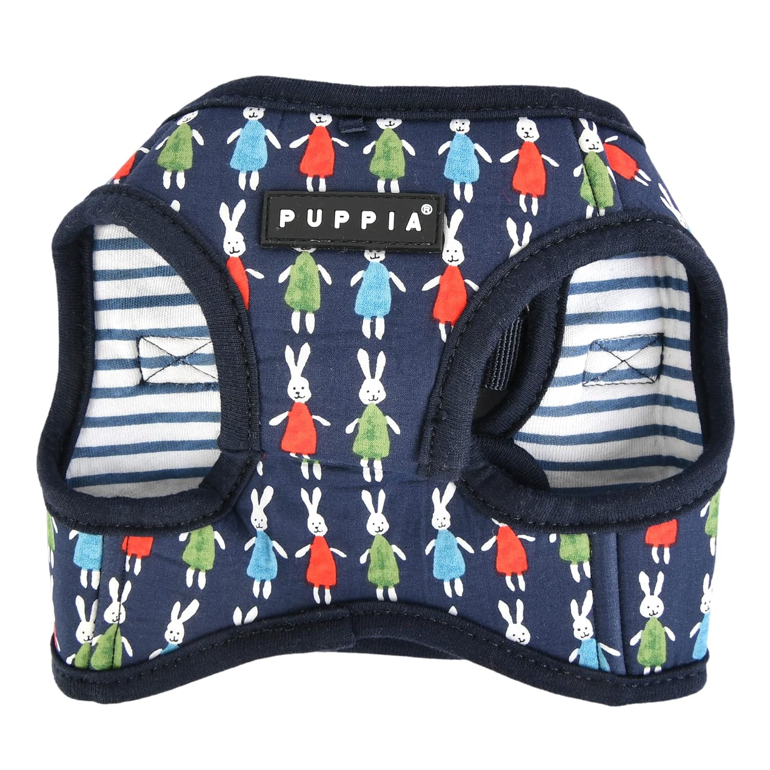 Pet harness with colorful rabbit pattern and Puppia branding 
