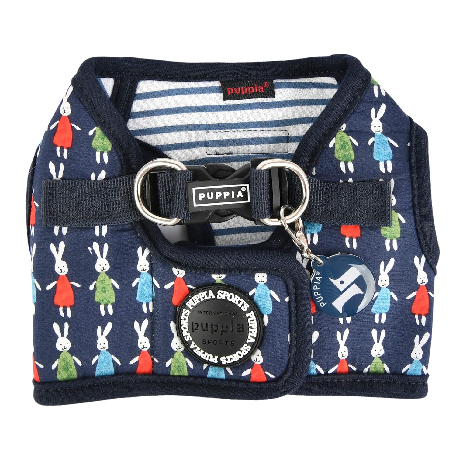 Navy dog harness with colorful rabbit pattern 