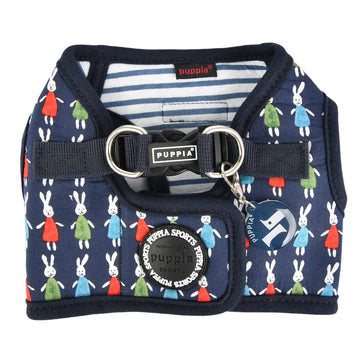 Navy dog harness with colorful rabbit pattern 
