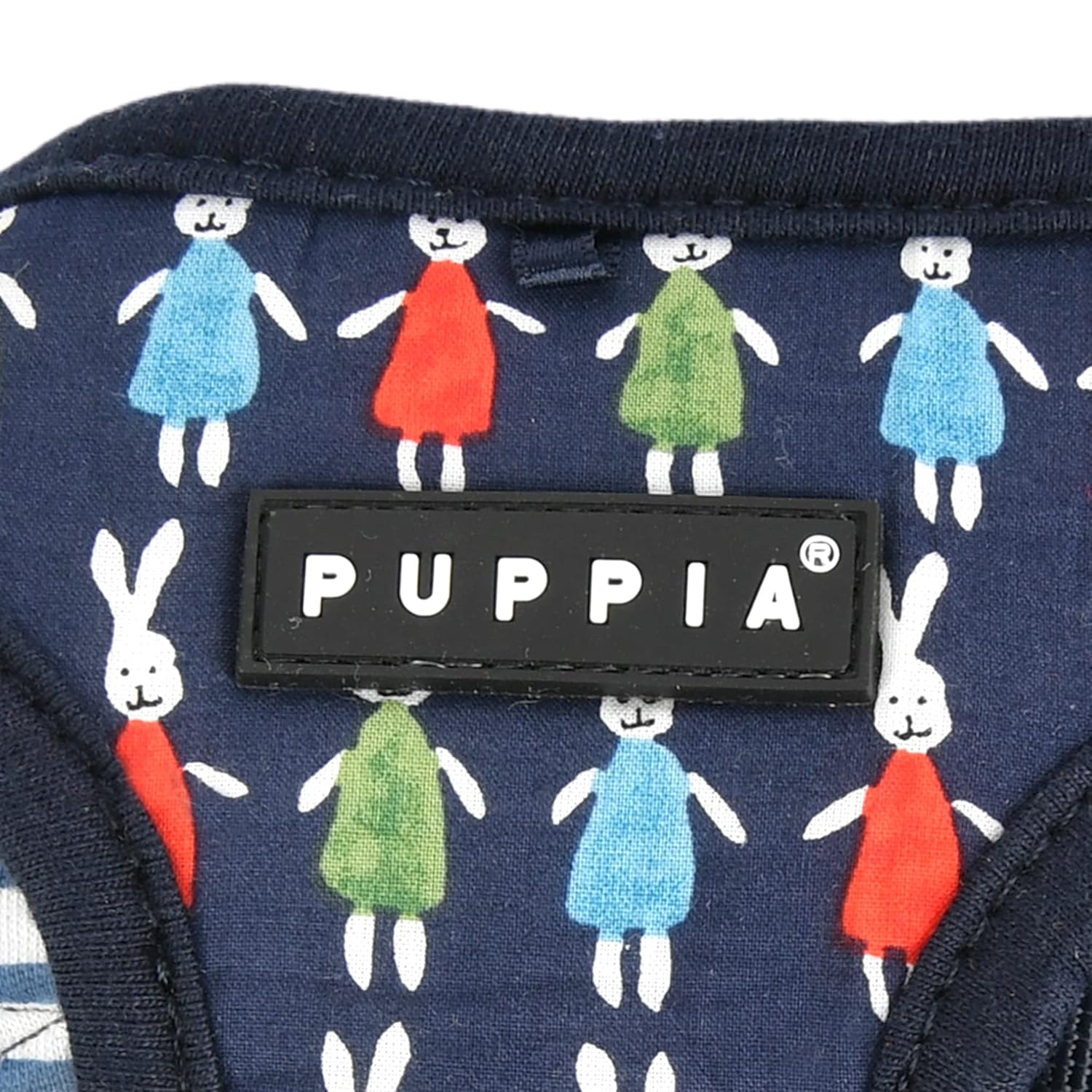 Puppia label on a product with colorful rabbit pattern