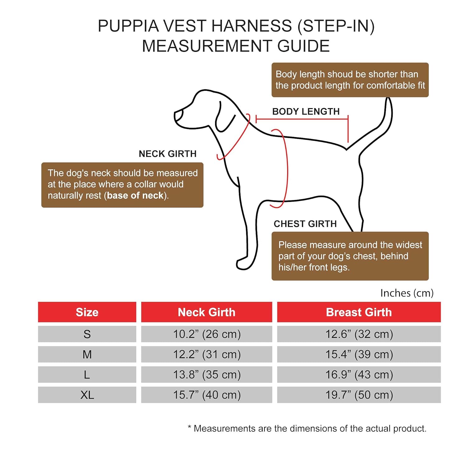 Measurement guide for Puppia Vest Harness with a diagram of a dog and size chart.