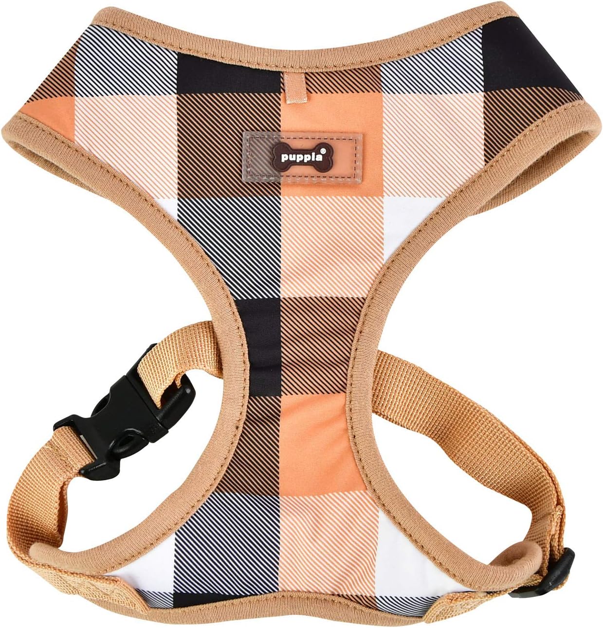 Plaid patterned dog B harness with puppia brand label