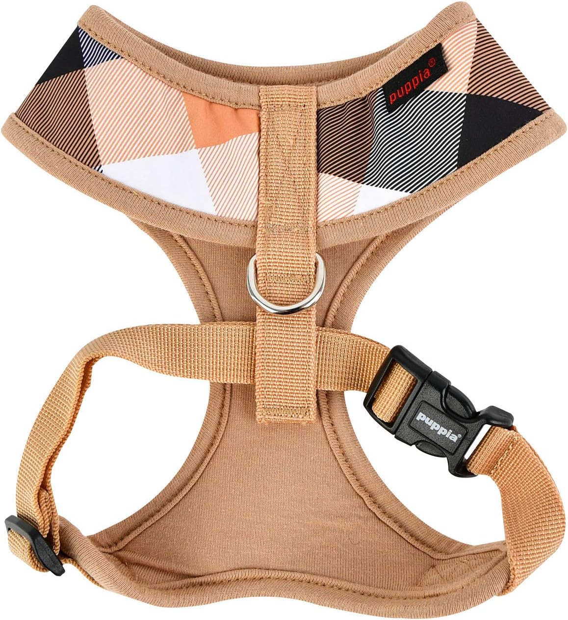 Beige dog puppia harness with geometric patterned 