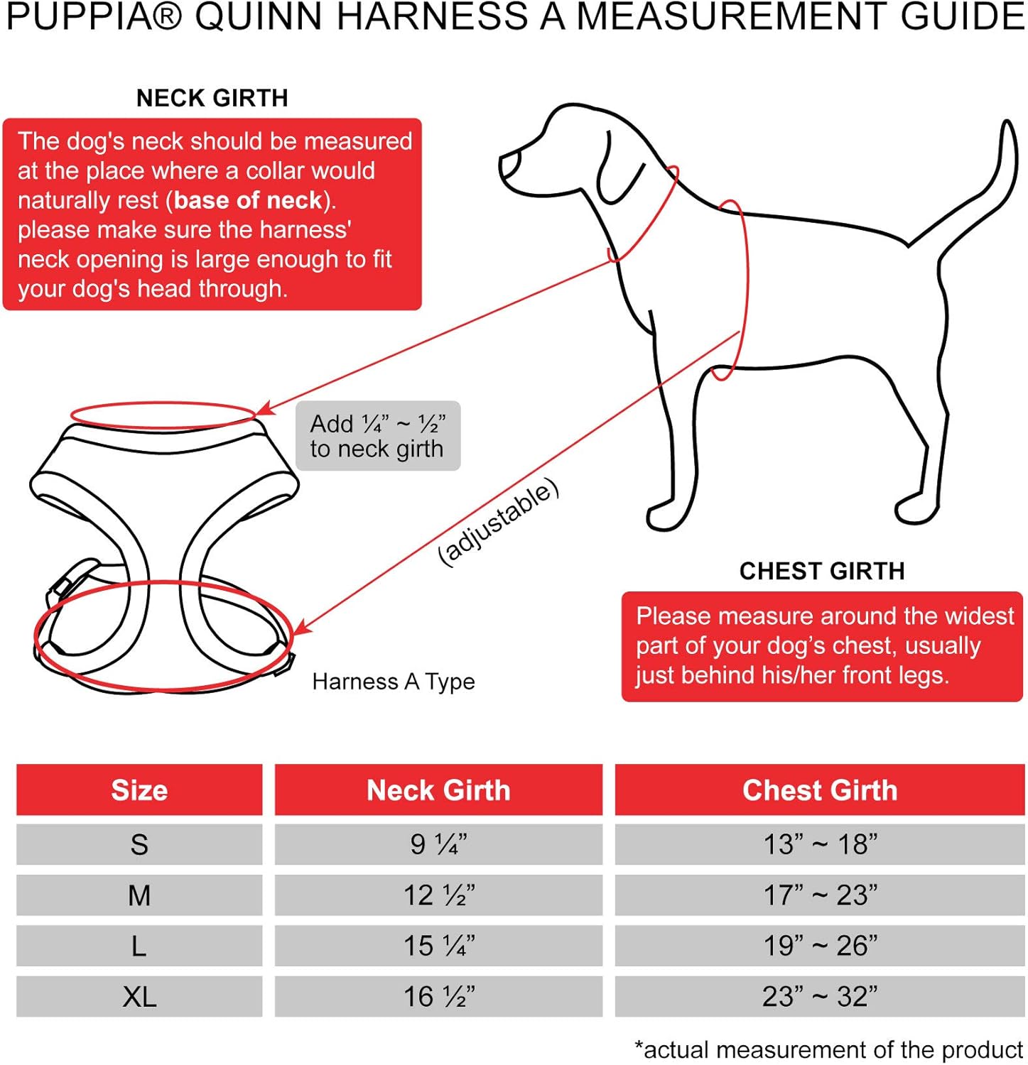 Measurement guide for Puppia Quinn harness with a dog illustration and size chart.
