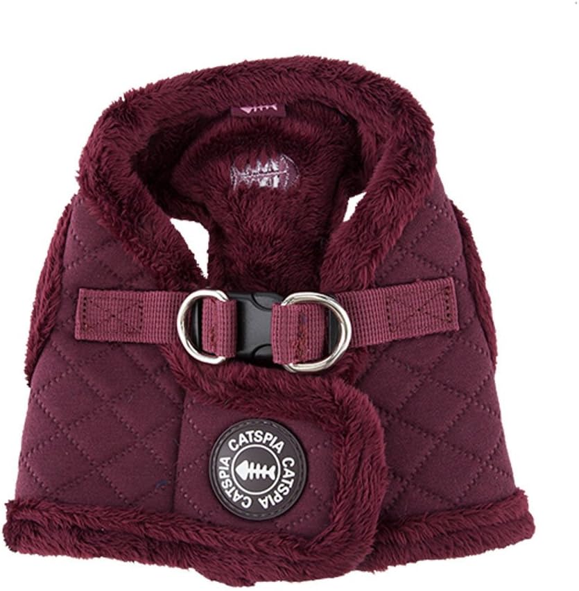 Maroon quilted dog chest harness with fluffy trim
