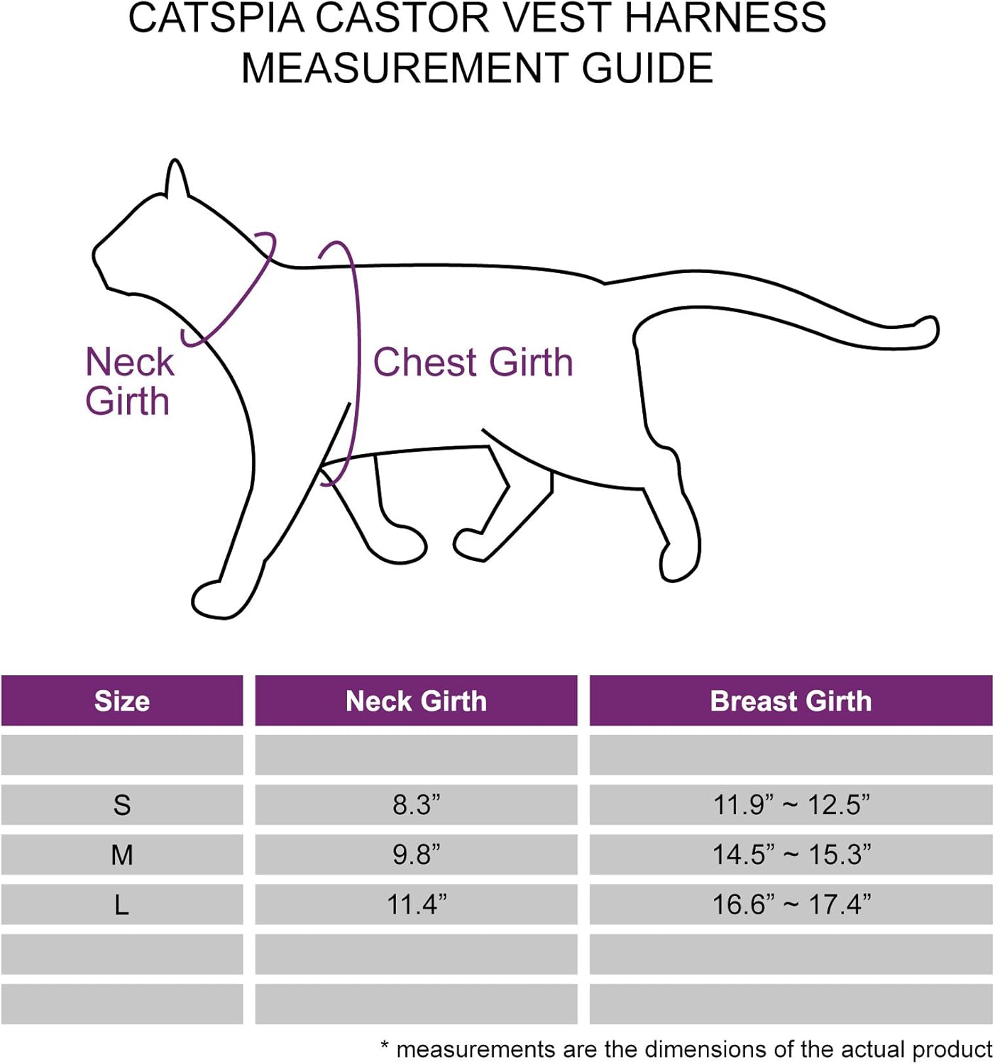 Measurement guide for CATSPIA CASTOR VEST HARNESS with a cat diagram and size chart.