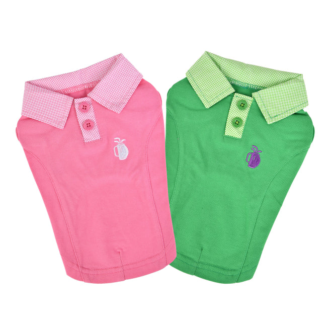 Two dog polo shirts, one pink and one green, on a white background.