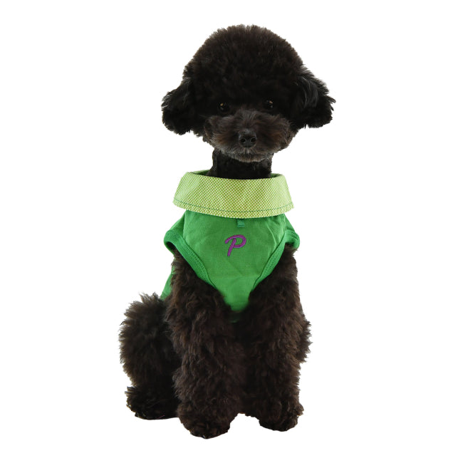Small dog wearing a green outfit with a logo on a white background