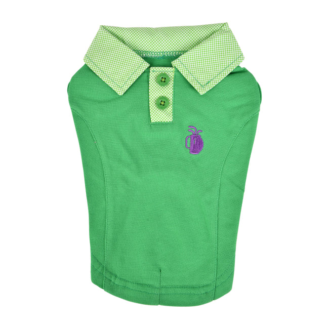 Green vest with a checkered collar and purple logo on a white background