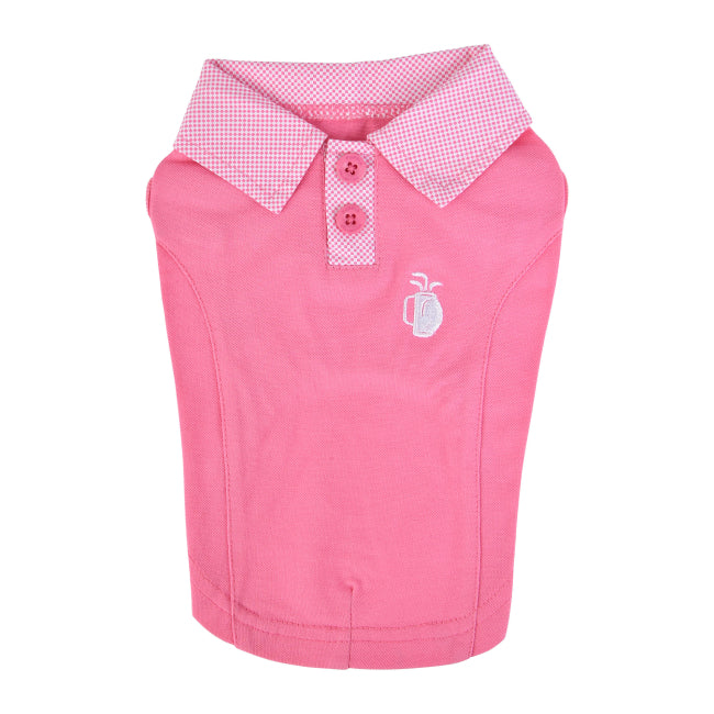Pink dog polo shirt with a small logo on a white background