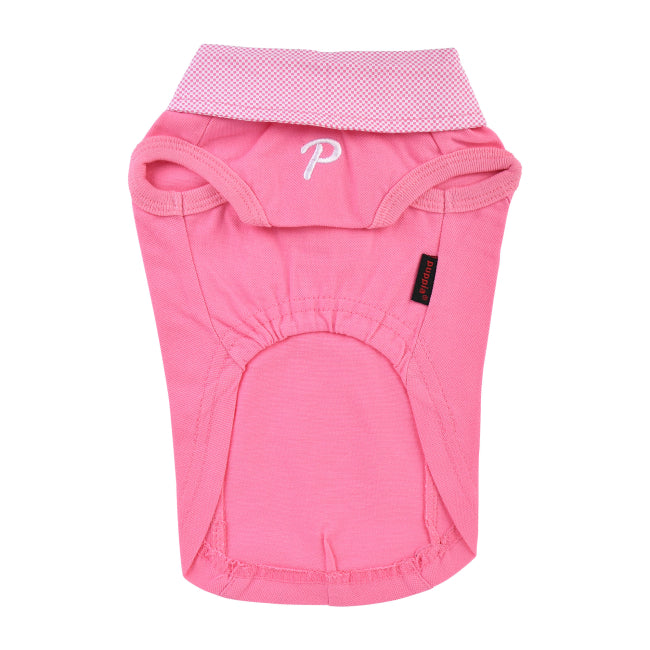 Pink dog diaper with a white logo on a white background