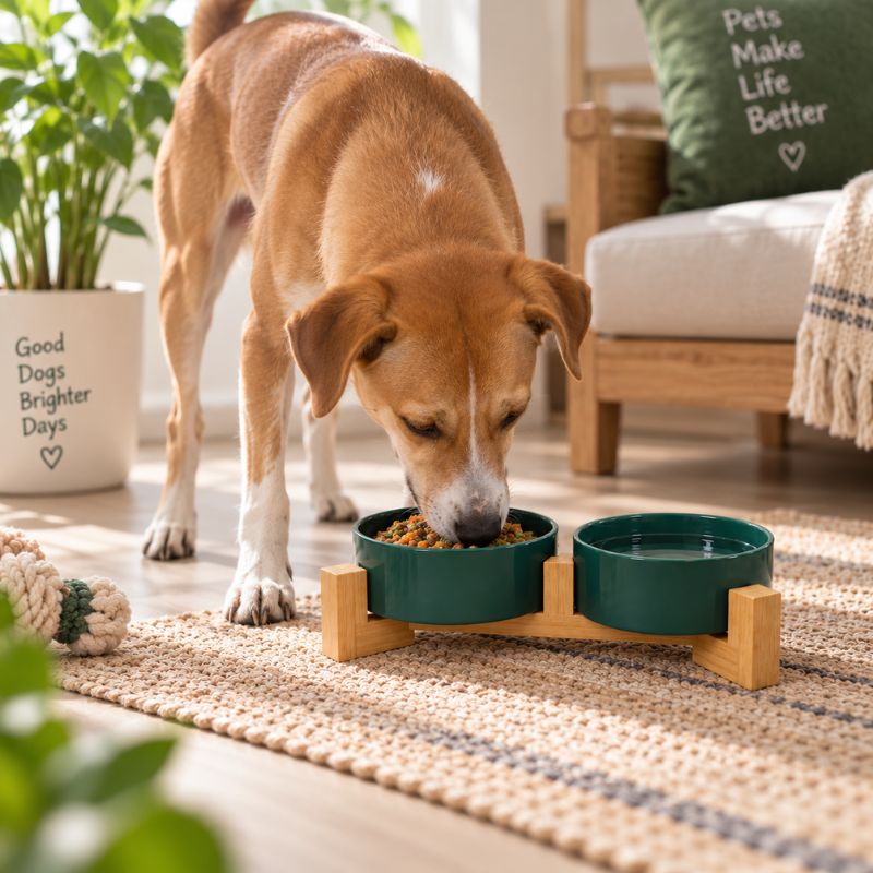 Elevated pet ceramic bowl set with bamboo stand green color